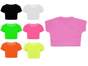 Girls Kids Crop Tops Neon Microfibre Gymnastics Dance Wear T-Shirts 3-13 Years