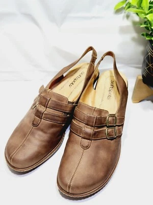 Softspots Womens 10 Comfort Brown Suede Leather Mules Slingback Buckle WedgeHeel - Image 1 of 4