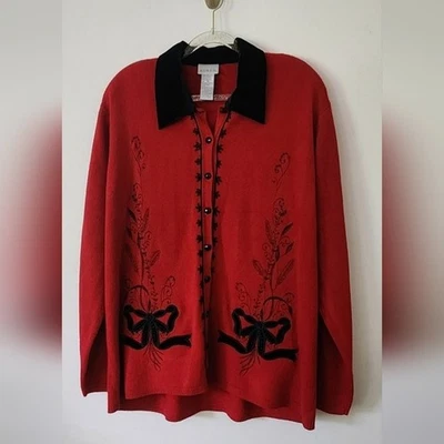 Burgandy Plus Size Sweater Velvet Bow Embroidered Holiday Party Country Club - Image 1 of 4