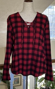 RUFF HEWN Damen L Tie Front Curved Hem L/S Buffalo Plaid Top rot schwarz V-Ausschnitt - Bild 1 von 15