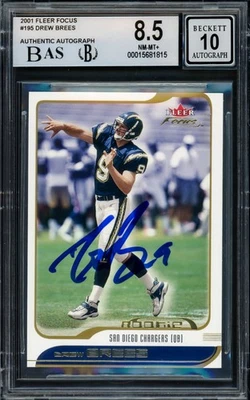 Drew Brees Signed 2001 Fleer Focus RC 195 Chargers BGS 8.5 Auto 10 Beckett - Image 1 of 2