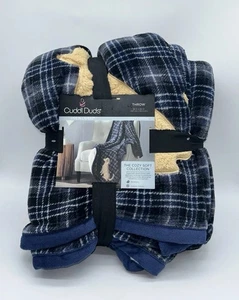 Cuddl Duds Blue Plaid W/ Beige Dog 50" x 60" Sherpa Throw Blanket - New - Picture 1 of 8
