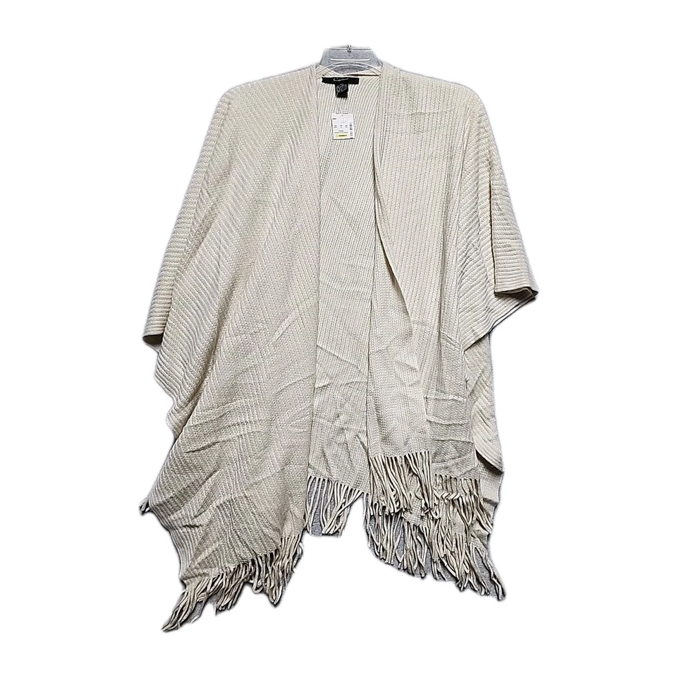 Cárdigan envolvente con flecos tejido marfil Cejón O/S acrílico boho poncho frontal abierto Foto 1 de 2
