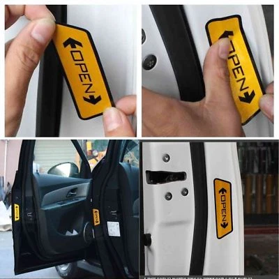 Set 4 Adesivo OPEN per portiera AUTO Sticker Sicurezza Riflettente 10x3cm Giallo - Immagine 1 di 4