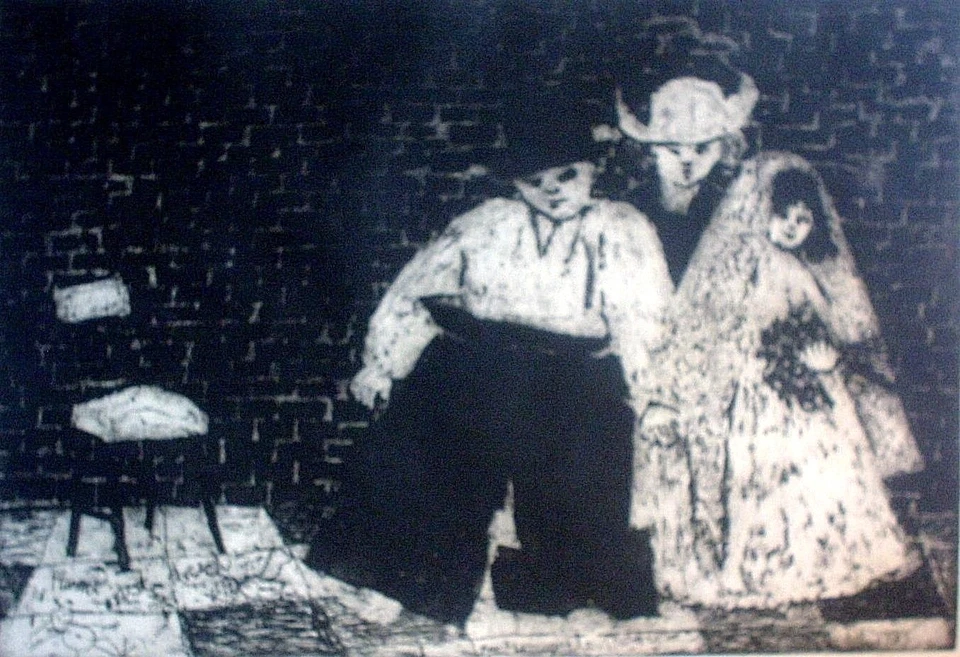 PETRA ROHR-ROUENDAAL: Lithographie 1963  Nr. 3 / 5 " KINDER SPIELEN THEATER " - Bild 1 von 1