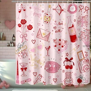 Pink Valentine's Day Bathroom Shower Curtain Set Rose Flowers Giftand Wine Wi... - Picture 1 of 7