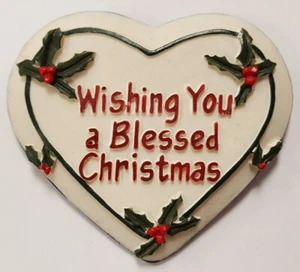 HAND PAINTED CHRISTMAS BLESSING WISH 2" HEART POINSETTIA PLAQUE ORNAMENT N584 - Picture 1 of 2