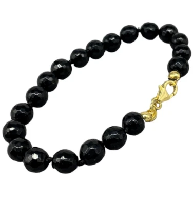 Bracciale donna elegante perle tonde di onice briolè nere argento 925 colore oro - Immagine 1 di 4