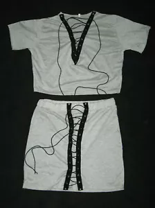 Light Gray Black Short Sleeve T Shirt Top & Mini Skirt Set Lace Up Size XL NEW - Picture 1 of 5