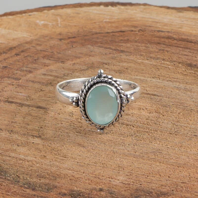 Anel feminino de pedra preciosa natural calcedônia aquática prata esterlina 925 presente - Imagem 1 de 4
