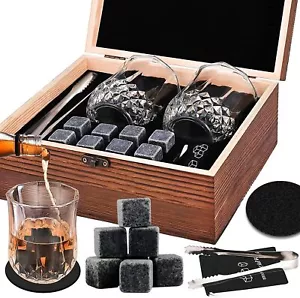 8 Whisky Steine 2 Whiskey Gläser Zange Holz Eiswürfel Wiederverwendbar Geschenk - Bild 1 von 5