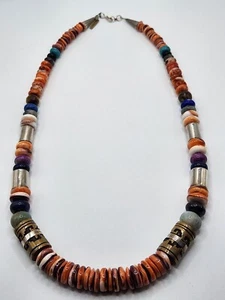 Native 21" Navajo TOMMY SINGER Coral Multi-Stone Sterling Gold Overlay Necklace - Picture 1 of 7