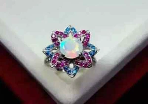 2Ct Round Lab Created Opal Halo Flower Cluster Wedding Ring14K White Gold Plated - Picture 1 of 5