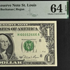 1981 $1 Federal Reserve Note PMG 64EPQ near solid serial number 66662666 - Picture 1 of 3