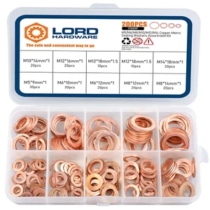Kit assortimento rondelle metriche schiacciamento rame 200 pezzi rondella tenuta piatta M5 M6 M8 M - Foto 1 di 12