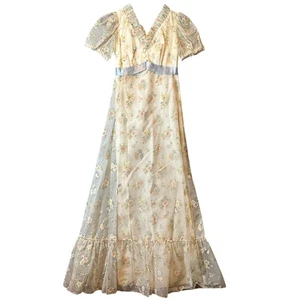 Vintage 70s Sheer Floral Maxi Dress Cottagecore Prairie Lace Puffärmel Kleid XS - Bild 1 von 7