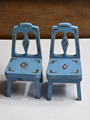 Pair STROMBECKER PLAYTHINGS painted Blue Wood Walnut Chairs Dollhouse Miniature  - Image 1 of 4
