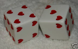 1" HUGE WHITE WITH RED HEARTS OPAQUE DICE PAIR - Picture 1 of 1