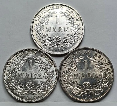 GERMANY Empire lot 3x 1 Mark 1914 J & E 1915 E UNC Muldenhutten Silver War #E48 - Image 1 of 4