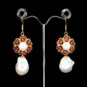 925 Sterling Silver Earrings Round Ruby Pearl Natural Gemstone Jewelry - Picture 1 of 10