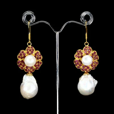 925 Sterling Silver Earrings Round Ruby Pearl Natural Gemstone Jewelry - Image 1 of 4