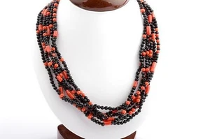 Rote Edel Korallen Kette Onyx Collier 6-reihig Sardegna 925er Silber Verschluss* - Bild 1 von 6