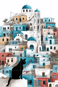 BLACK CAT GREEK VILLAGE POSTCARDS Card Toppers Junk Journal Scrapbook 4 pcs - Picture 1 of 6