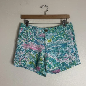 Lilly Pulitzer Shorts 2 Blue Pink Green Tropical Print Resort Beach Palm knit - Picture 1 of 11