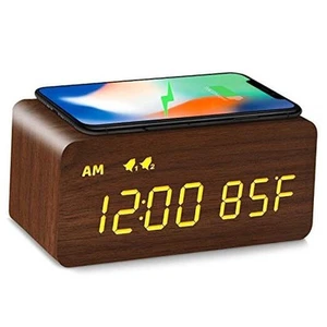 Digital Wooden Alarm Clock with Wireless Charging, 0-100% Dimmer, Dual Brown - Picture 1 of 7