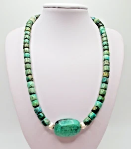 New 16 1/2" Genuine Turquoise Necklace W/ Center Focal SS Beads & Lobster Clasp - Picture 1 of 6