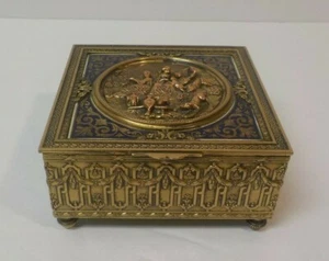 French Gilt Bronze & Enamel Jewelry / Dresser Box, Embossed Scene, c. 1890 - Picture 1 of 12