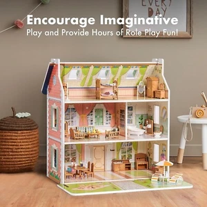 Robud Wooden Kids 3 Storey Doll House With Furniture Accessories Playhouse Toy - Picture 1 of 8