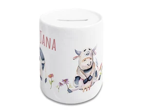 Spardose Kinder Mädchen mit Namen, Geld Geschenk personalisiert Lustige Kühe - Bild 1 von 8