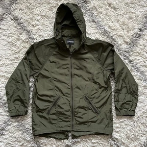 Express Jacket Hooded Green Size Large Foldable Hood Full Zip Up Roll up Sleeves - Picture 1 of 7