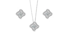 Women's 18k White Gold Plated Love Knot Pendant Necklace & Earrings Jewelry Set - Picture 1 of 12
