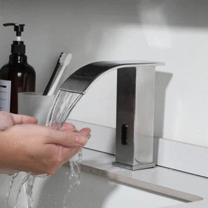 Gebürstetes Nickel Badezimmer Waschbecken Wasserhahn Automatisch Berührungslos Wasserfall Deck Befestigung Wasserhahn - Bild 1 von 12