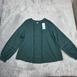 Lands End Top Womens 2X Green Tencel Pintuck Embroidered Balloon Sleeve Boho NEW - Picture 1 of 8