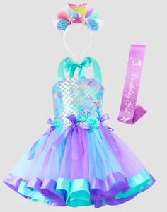 Girls Mermaid Tutu Dress With Headband & birthday ribbon fish scale print 3-4T - Picture 1 of 15