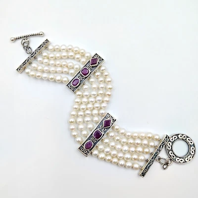 Designer SI Sterling Silver 925 Pearl & Raw Ruby Multi Strand Bracelet 7" - Image 1 of 4