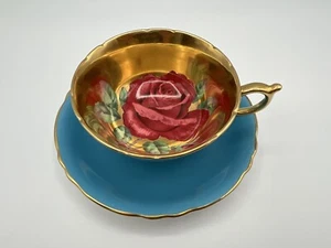 RARE Paragon Floating Cabbage Rose w Heavy Gold Blue Tea Cup & Saucer England - Picture 1 of 20