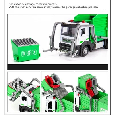 1:32 Garbage Truck Toy With Dumpster 4 Trash Bins Friction Powered Light - Image 1 of 4