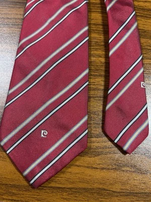 PIERRE CARDIN Silk/ Polyester Tie 52" x 3"Red White Black Gray Beige Stripes - Image 1 of 4