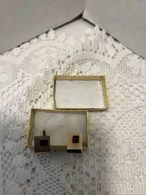 Swank Gold Ruby Mid Century Cufflinks - Vintage Raised Rectangle Mod Cuff Links - Image 1 of 4