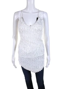 Retrofete Womens Sequin Feathered Asymmetrical Hem V-Neck Tank Top White Size XL - Picture 1 of 6