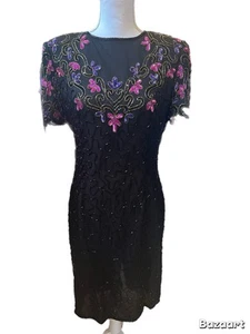 Ap Ltd Womens Black Floral Silk Beaded Sequin Cocktail Dress Size 12 See Descrip - Picture 1 of 4