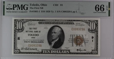 1929 Ty1 PMG 66 EPQ First National Bank of Toledo $10 - Image 1 of 2