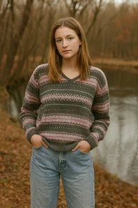 Vtg Dawsons Creek 90s Hunt Club Hearts Fair Isle Nordic Wool Blend Sweater M - Picture 1 of 4