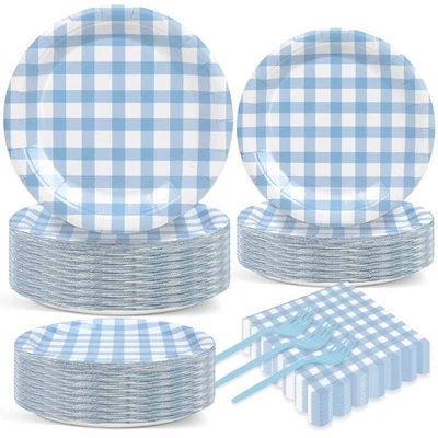 Juego de vajilla de guinga azul de 200 piezas azul y blanco a cuadros fiesta de cumpleaños su... Foto 1 de 4