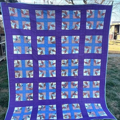 Vintage Colorful Bear Claw Quilt Set in Purple Hand Quilted - Image 1 of 4