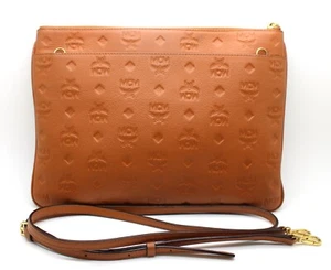 MCM Aren Crossbody Pouch Logo Embossed Monogram Leather - Cognac - Picture 1 of 18